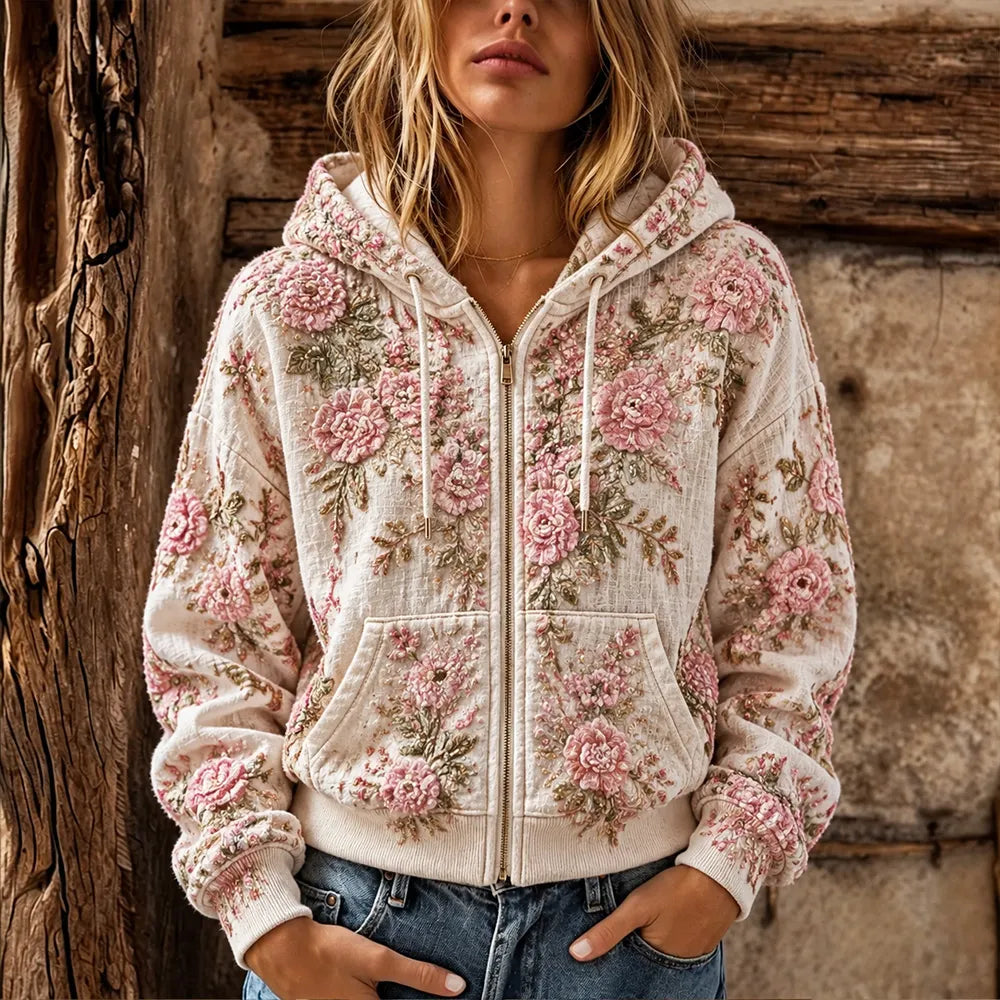 Women's Vintage Pink Floral Art Washed Cardigan Hoodie