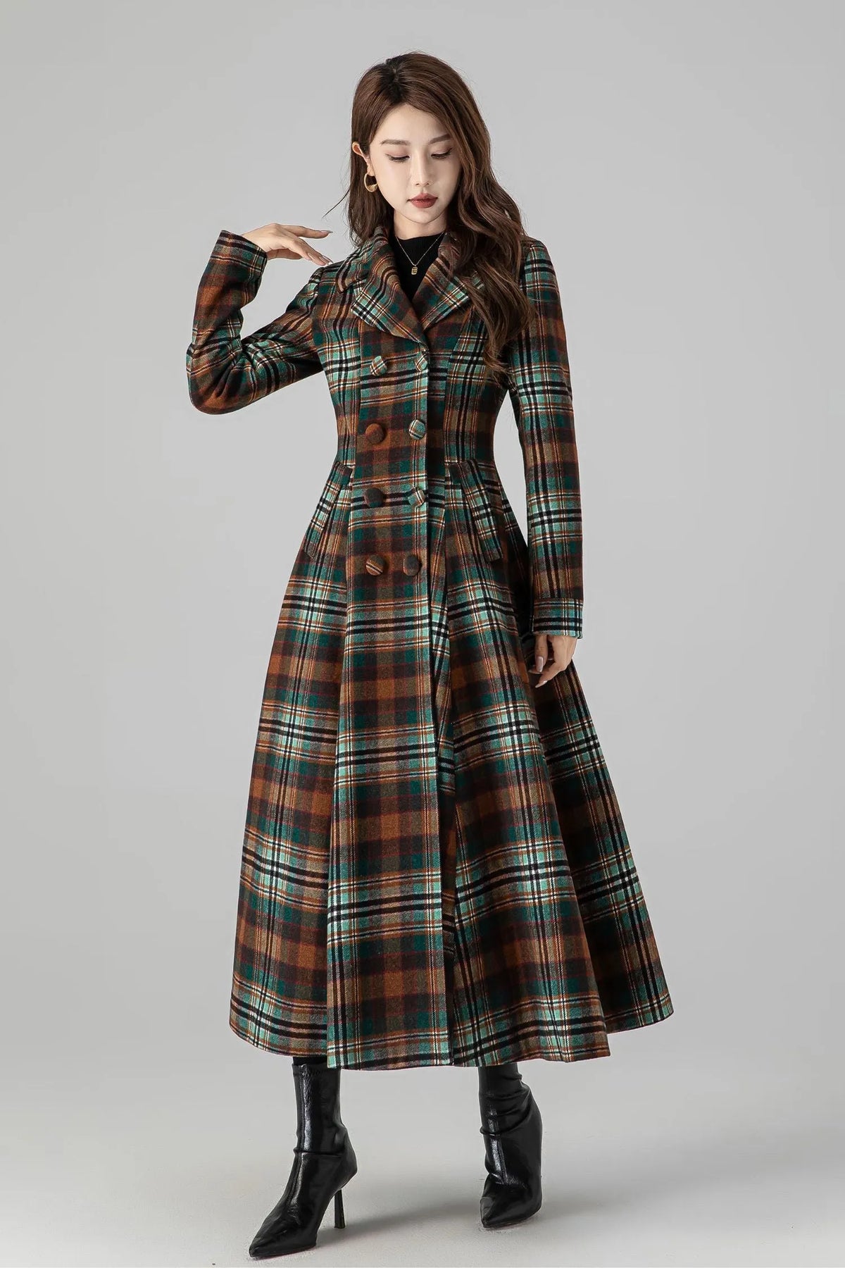 Brown Wool Fit-and-Flare Long Coat - Double-Breasted Plaid 4510