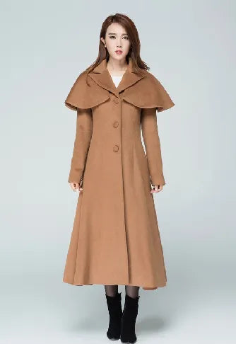 Vintage Wool Coat for Women – Handmade Black Fit and Flare Winter Cape Coat 