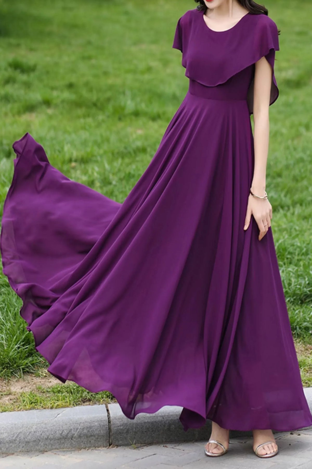 Purple Polyester Chiffon Prom Dress - Cape Detail, Ankle Length 4982