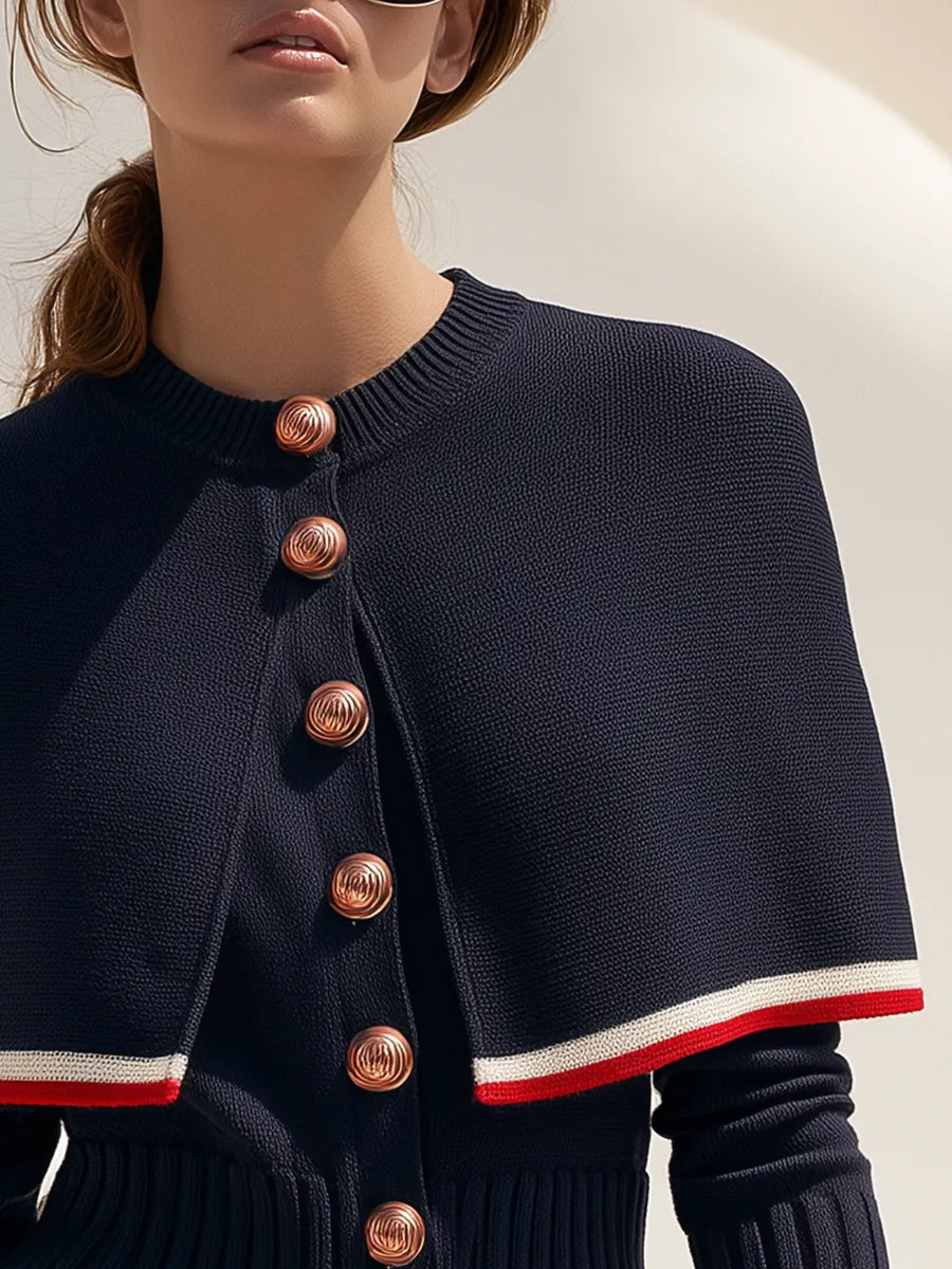 Chic Old Money Contrast-Trimmed Shawl Collar Navy Knit Sweater