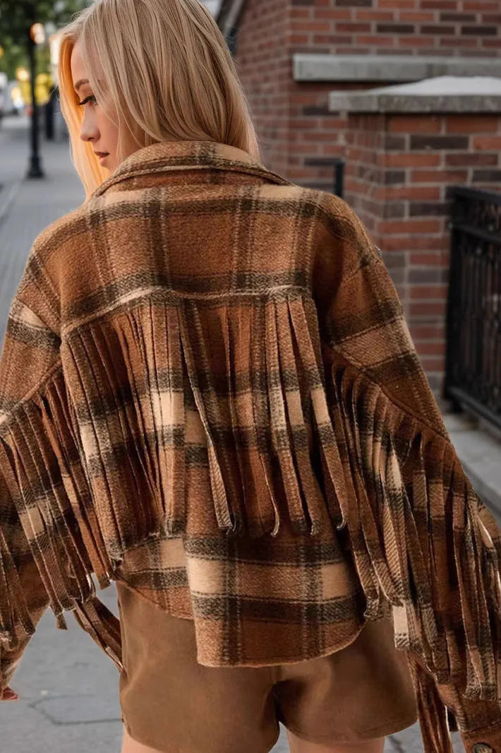 Plaid Fringe Wool Crop Coat
