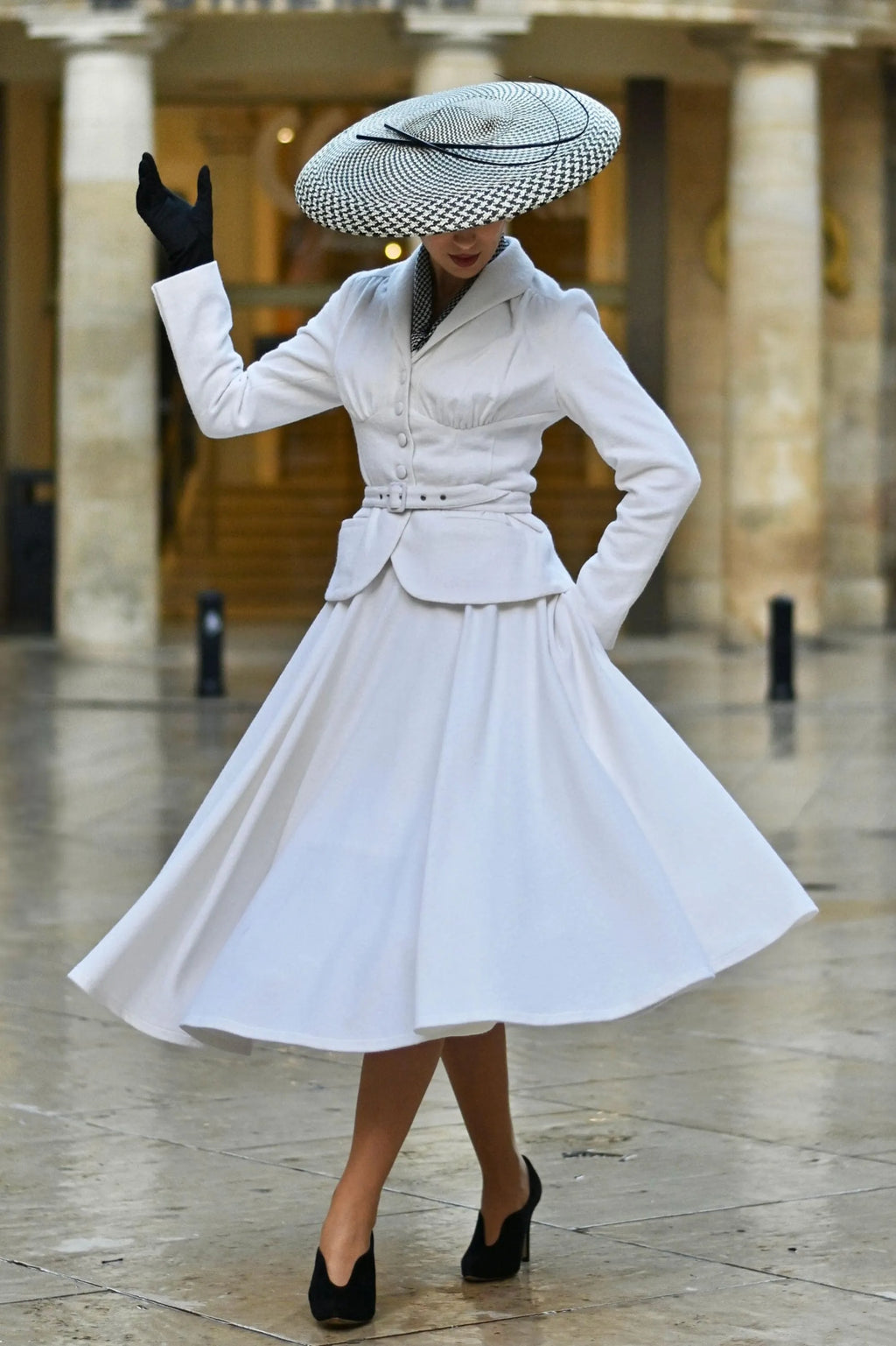 White Wool Blend Skirt Set - A-line Midi 