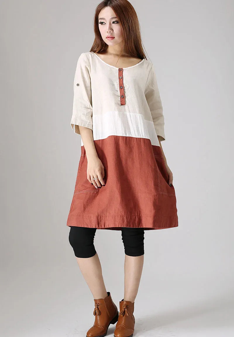 Beige and Rust Linen Tunic Dress - Block Color, Loose Fit 833