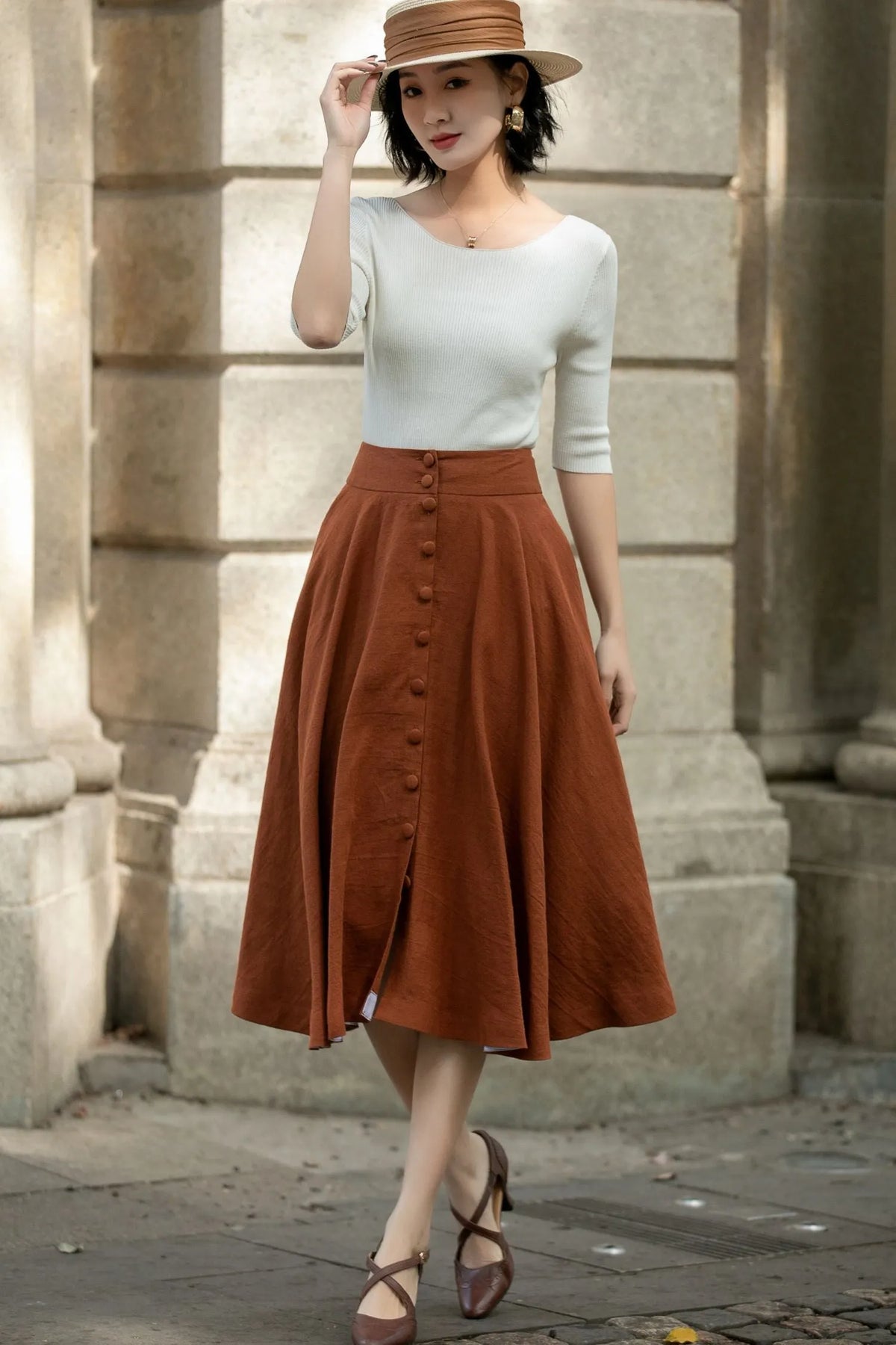 Handmade Linen Midi Skirt – Rust Brown Button Front Swing Skirt 