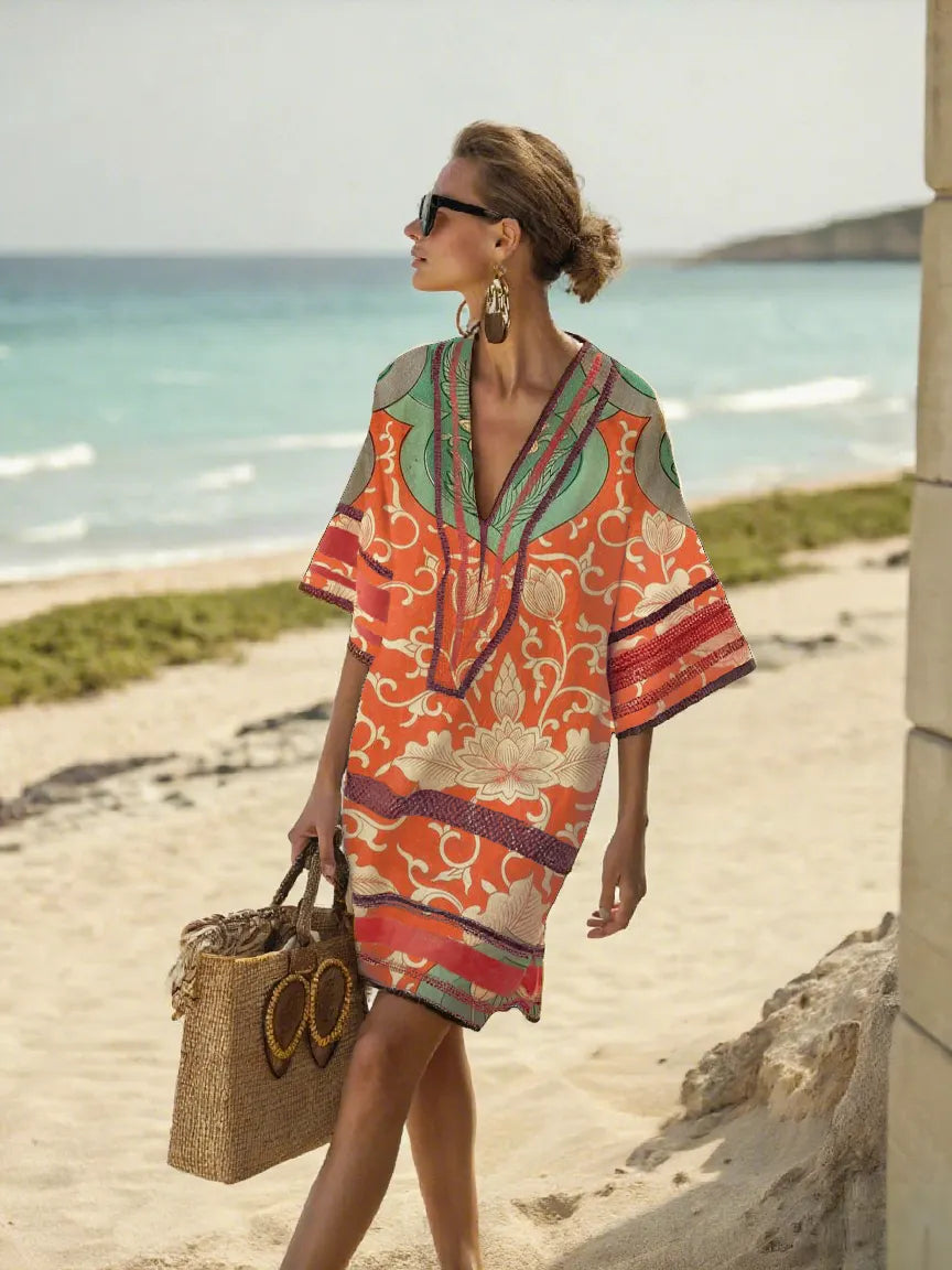 Printed Cotton and Linen Women's V-Neck Skirt