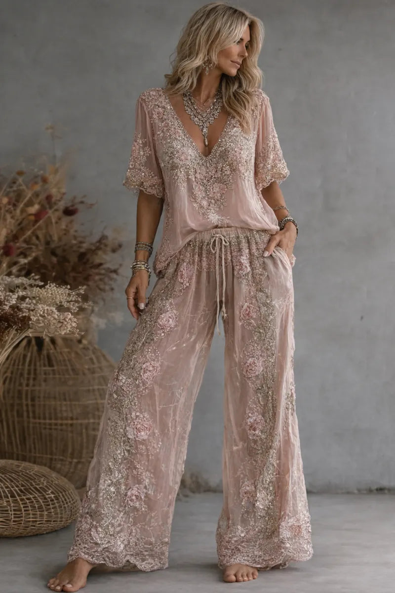  Floral Embroidered V-Neck Top High Waist Wide Leg Pants Two Piece Set