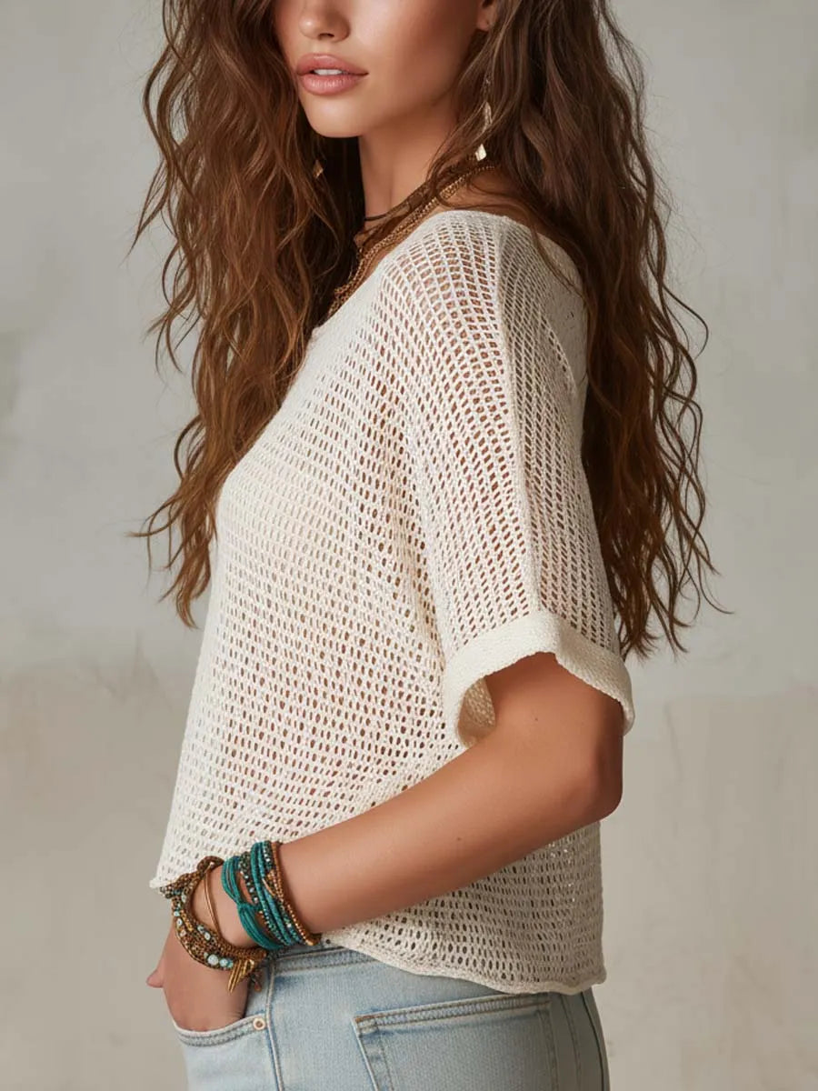 Bohemian Casual Open-Knit Short Sleeve  Top