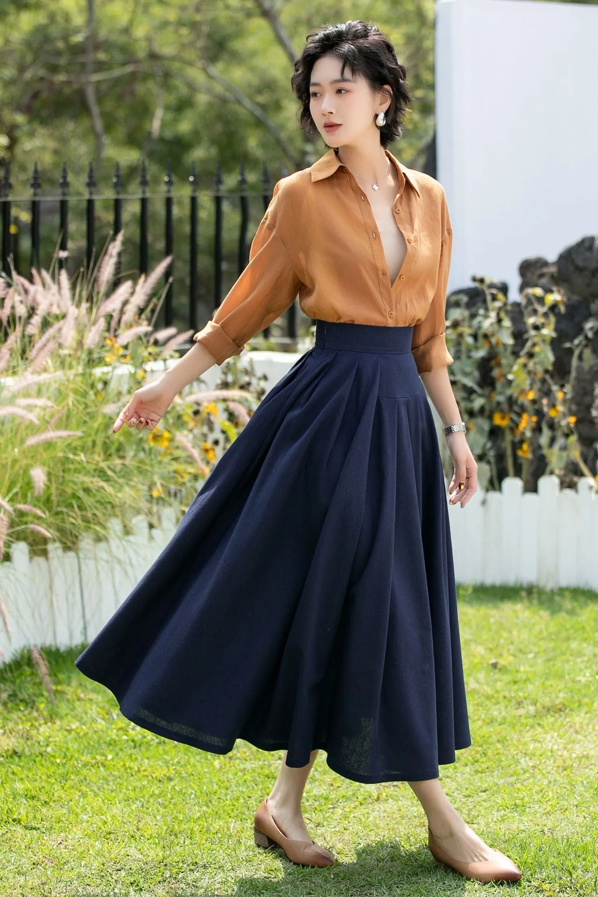 Deep Navy Linen Cotton Midi Skirt High Waist 