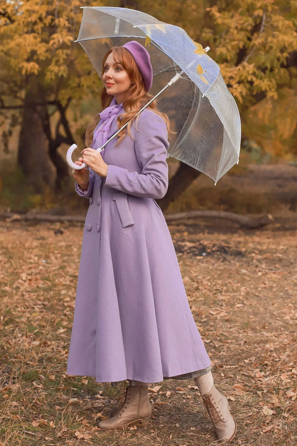 Lilac Wool Coat - Double Breasted, Mid-Calf Elegant Outerwear 3215