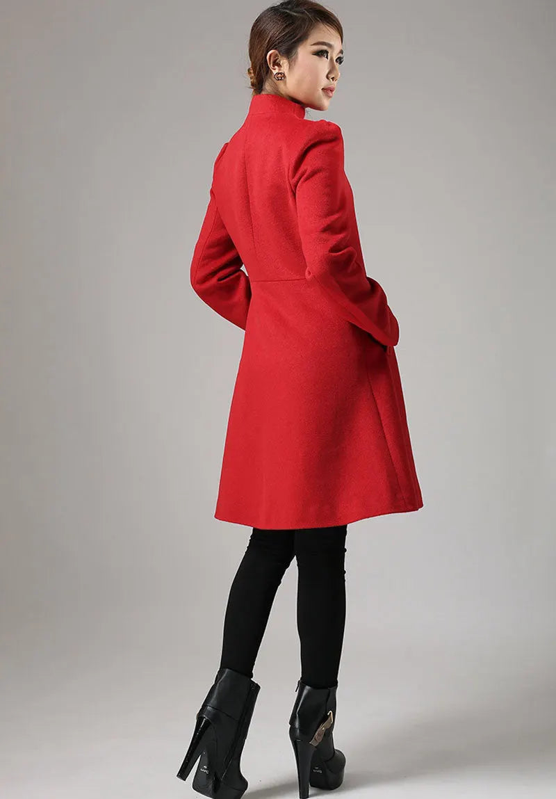 Red Wool Winter Coat – Vintage Fit and Flare Asymmetric Button Overcoat 734
