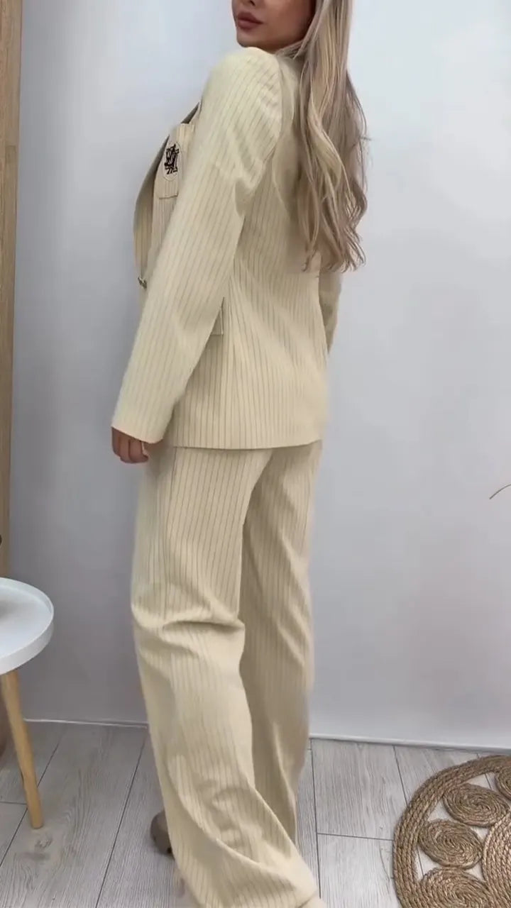 Women Collar Vertical Stripe Temperament Commuting Suit