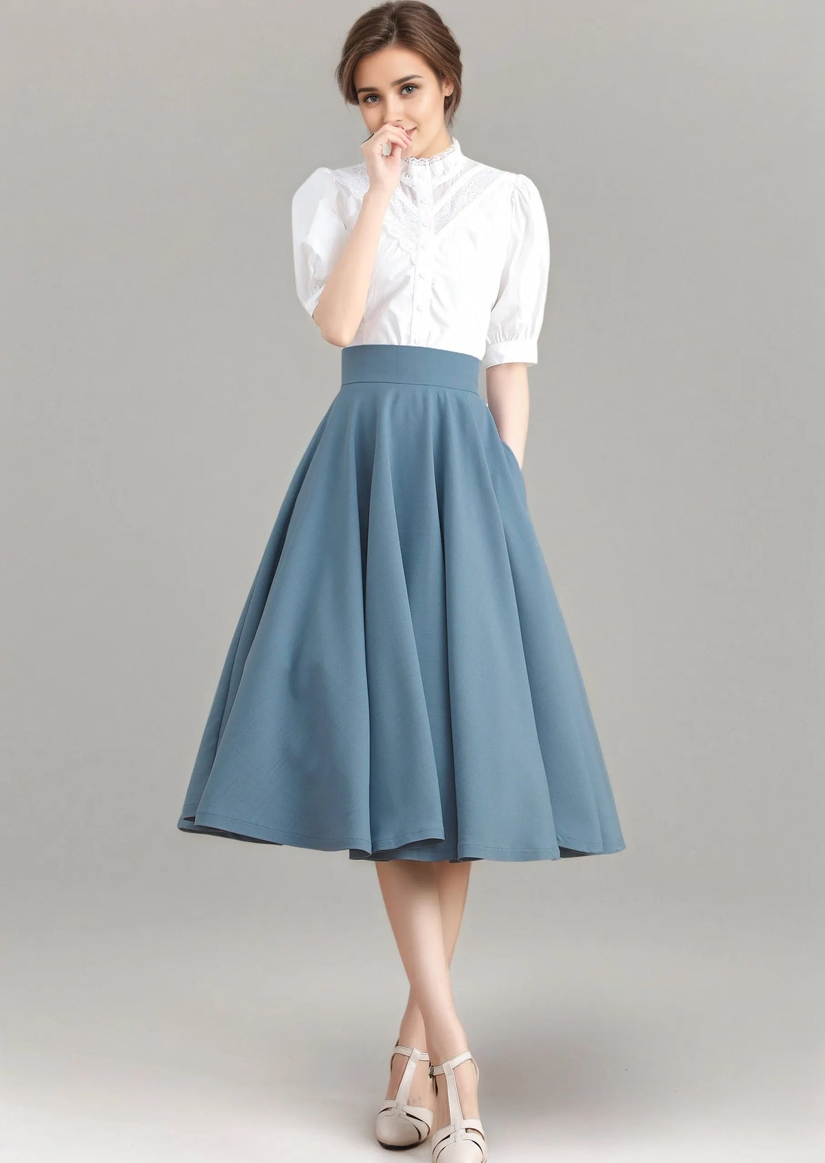 Blue Linen Blend Full Circle Midi Skirt - High-Waisted Flared Silhouette 3275