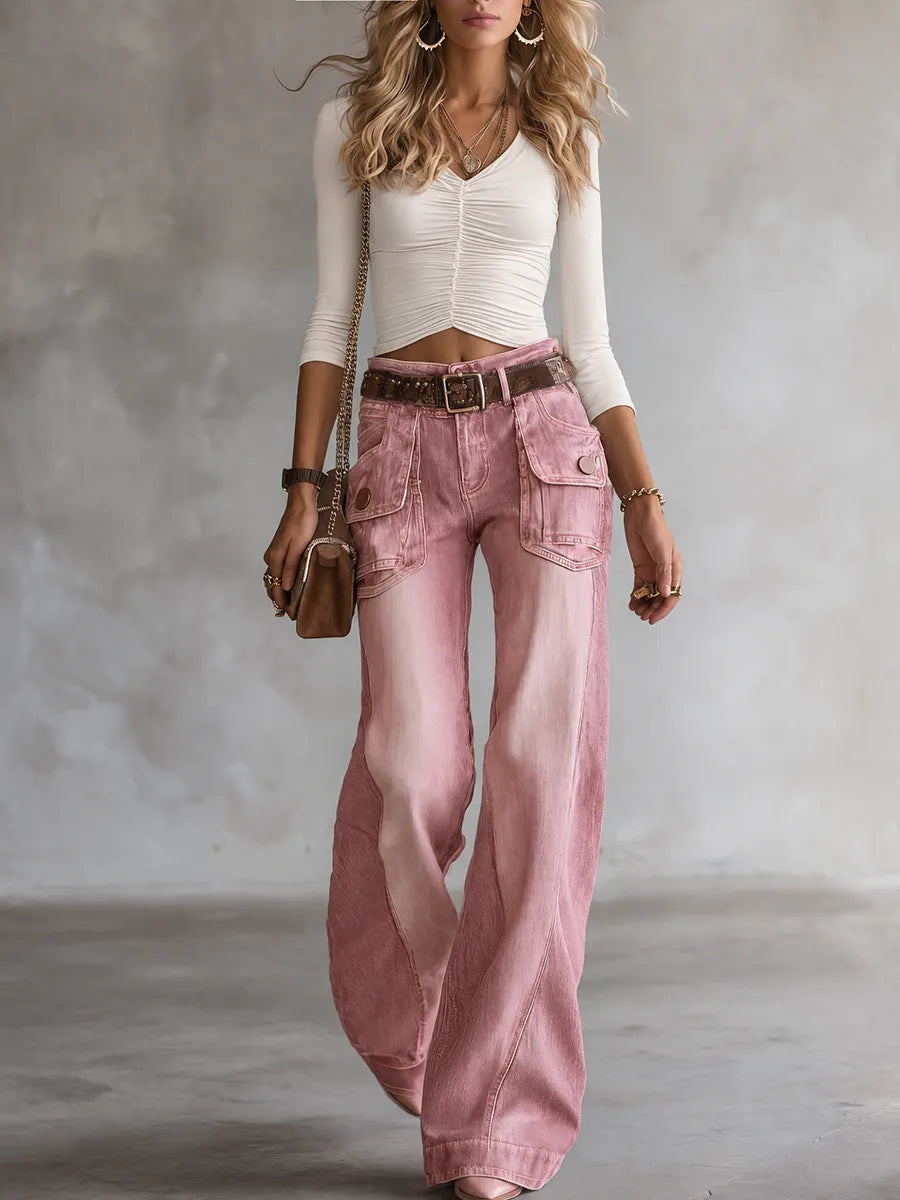 Pink Acid Wash Wide Leg Cargo Jeans