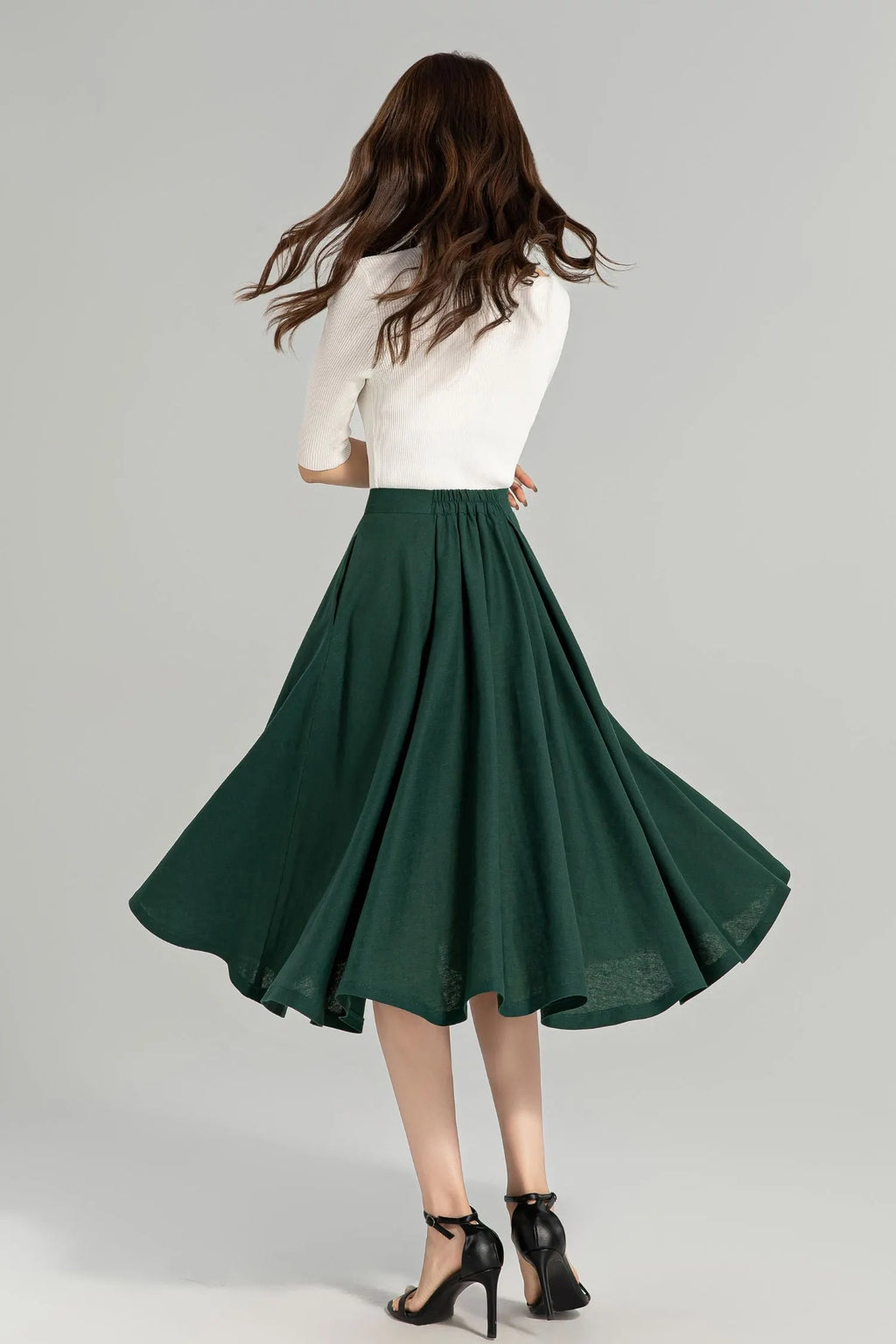 Dark Green Linen-Cotton Midi Skirt - A-Line Silhouette, Button-Down Detail 4963