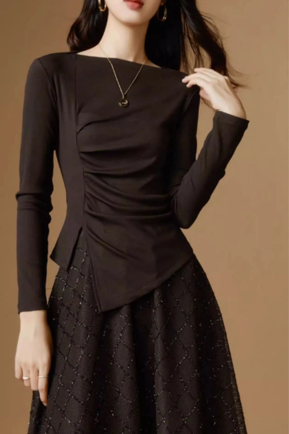 Forest Green Wool Blend Asymmetrical Knit Top - Long Sleeve Autumn Essential 5525