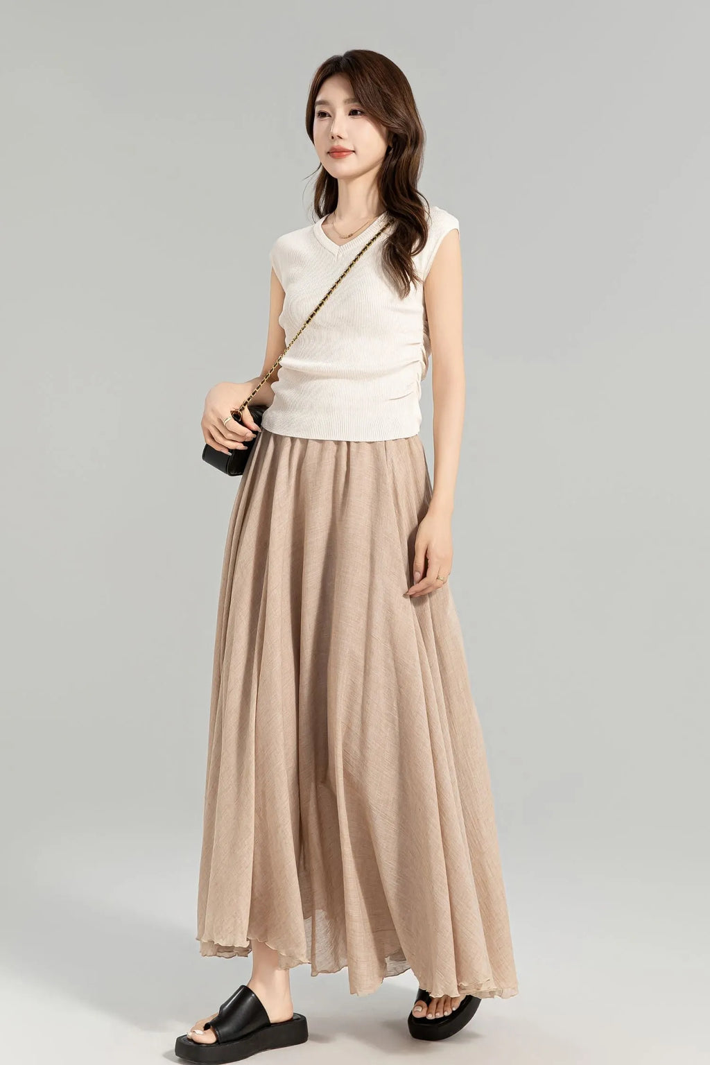 Beige Linen Maxi Skirt - Flowy Circle Silhouette with Elastic Waistband 4959