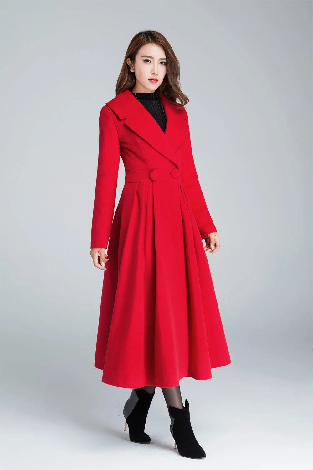 Vintage Red Wool Blend Coat – Princess Pleated Long Winter Overcoat 