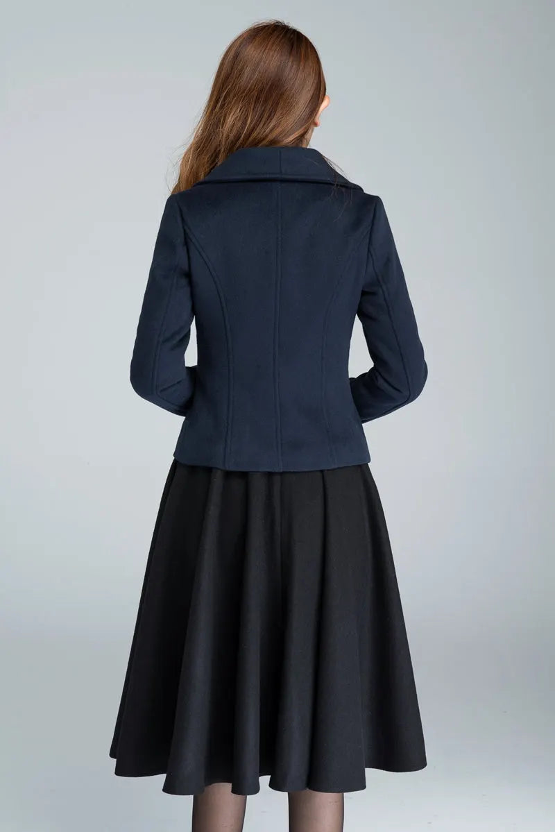 Dark Blue Wool Short Coat - Single Breasted Pockets 