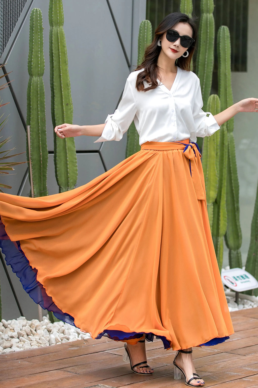 Orange Chiffon Maxi Skirt - Swing, High Waist with Belt 3540