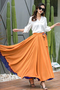 Orange Chiffon Maxi Skirt - Swing, High Waist with Belt 3540