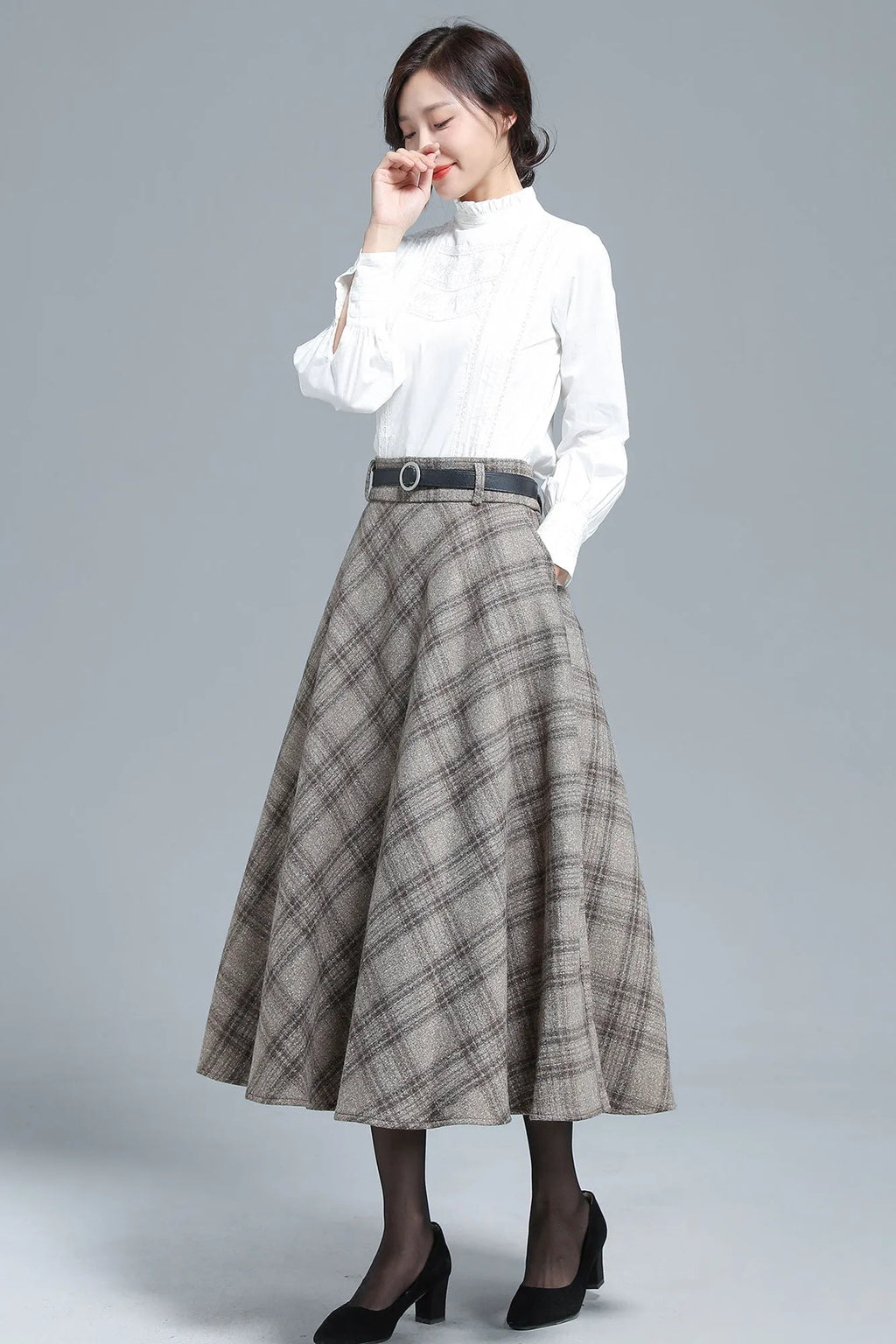 Khaki Wool Plaid Full Skirt - Elastic Waist, Side Pockets 3133