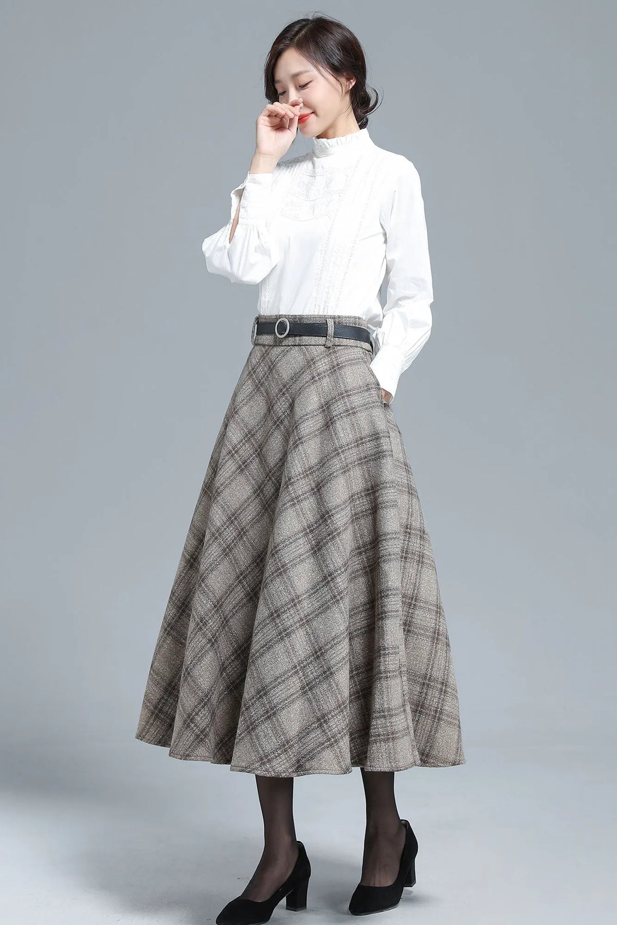 Khaki Wool Plaid Full Skirt - Elastic Waist, Side Pockets 3133