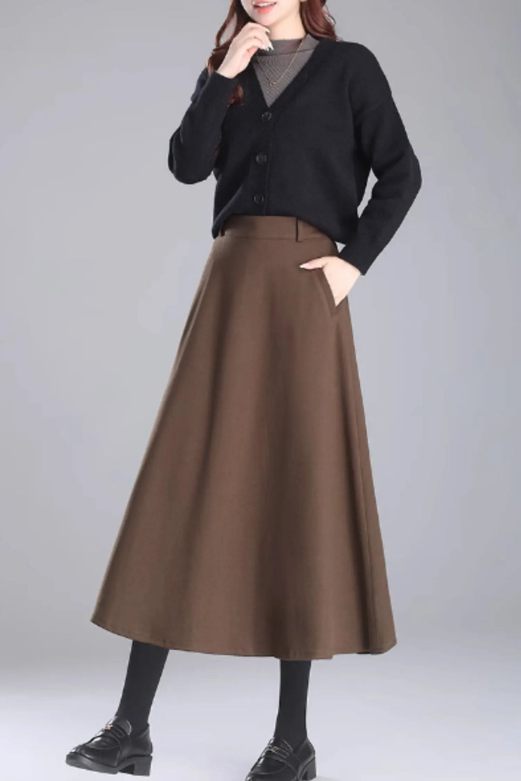 Brown Wool Midi A-Line Skirt with Pockets - Cozy Winter Style 5469