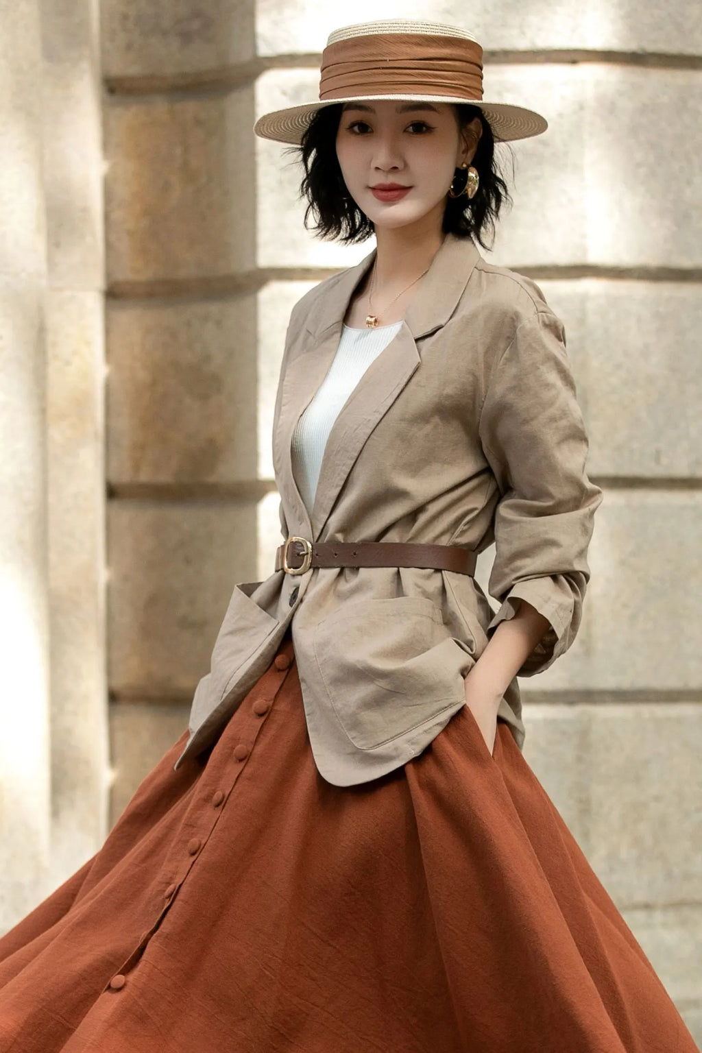 Beige Linen Cotton Jacket with Pockets - Classic Lapel Collar 5690