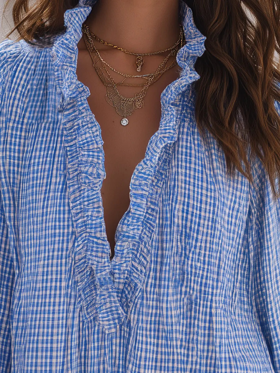 Santorini Breeze Blue Gingham Ruffle Mini Dress