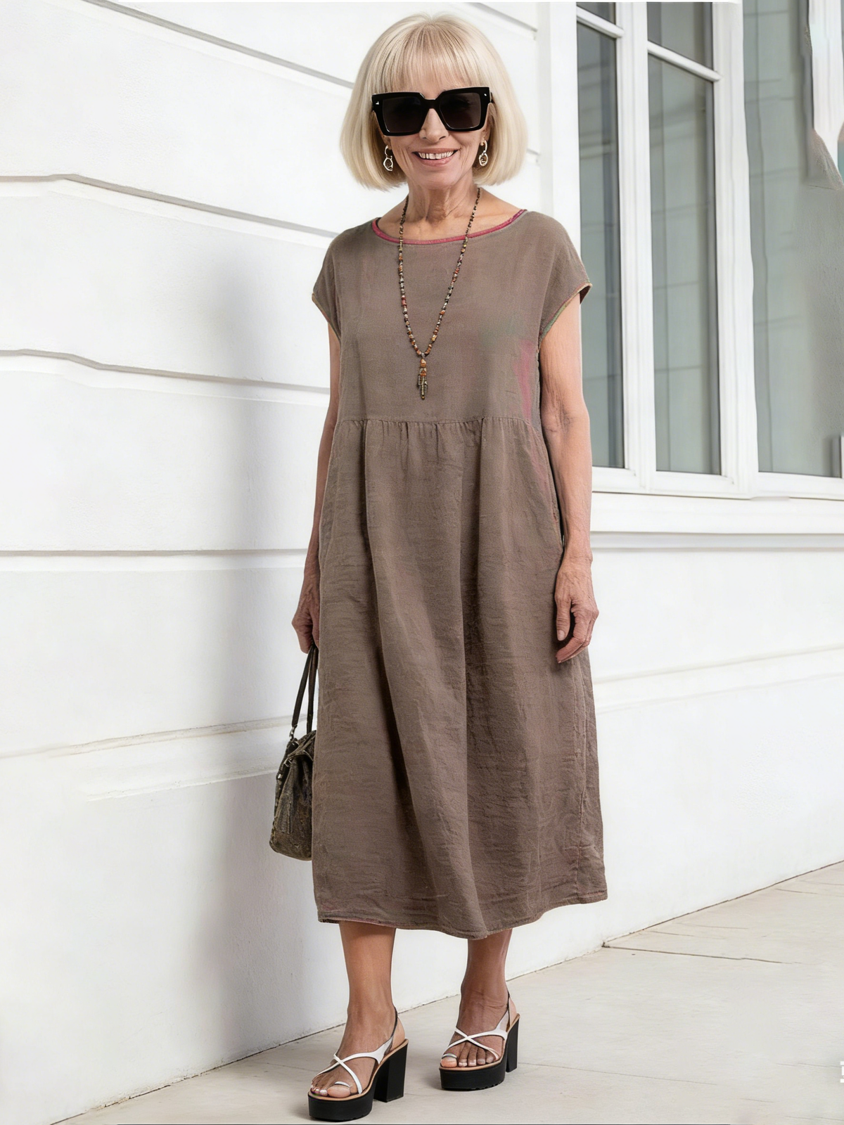 Solid Color Linen Round Neck Fitted Dress