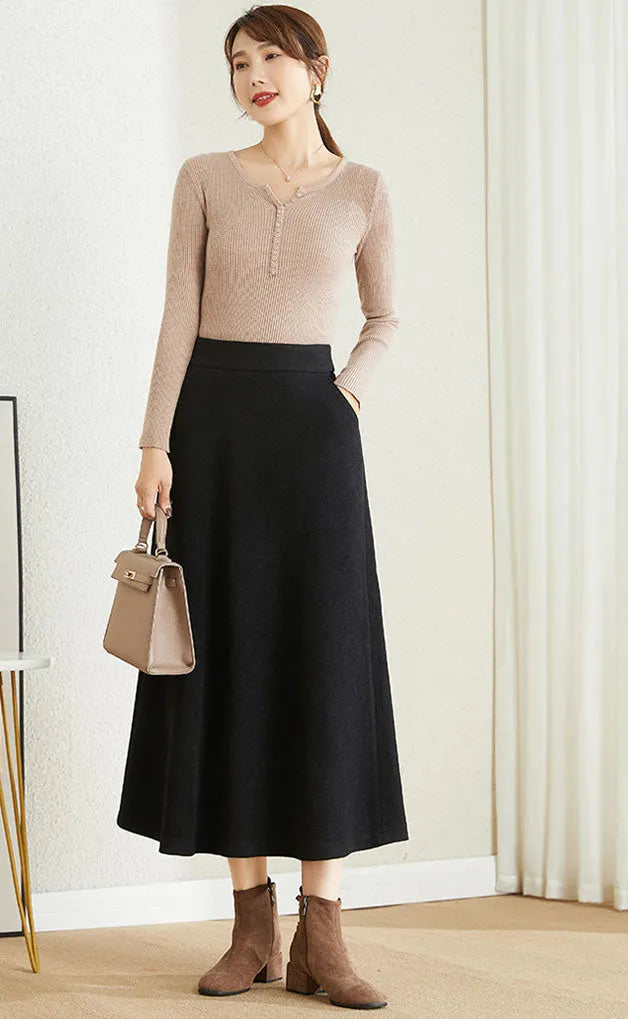 Brown Wool A-Line Midi Skirt - High Waist Winter Essential 3861