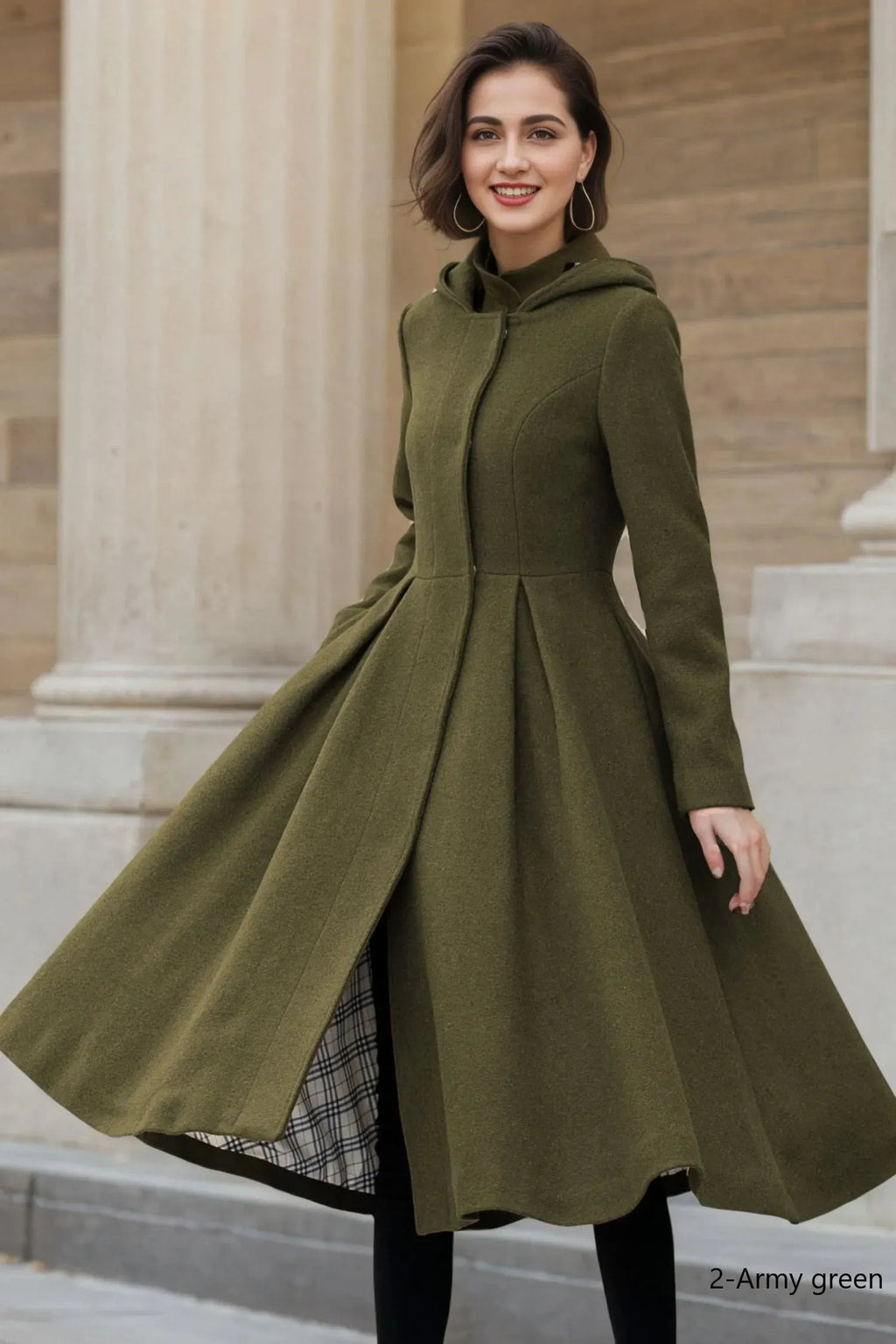 Green Wool Blend Midi Coat - Hooded A-Line Swing Silhouette 6381