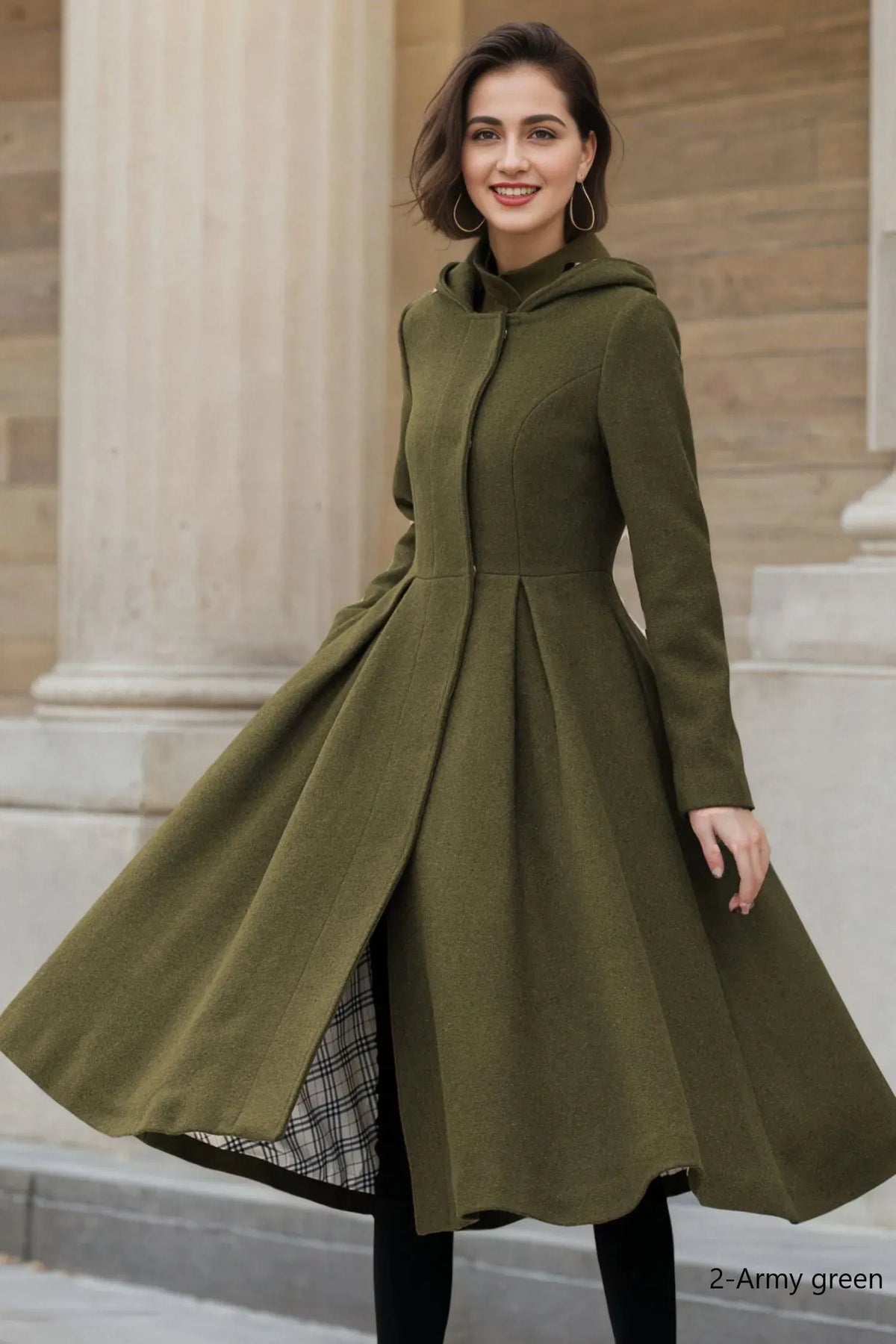 Green Wool Blend Midi Coat - Hooded A-Line Swing Silhouette 6381