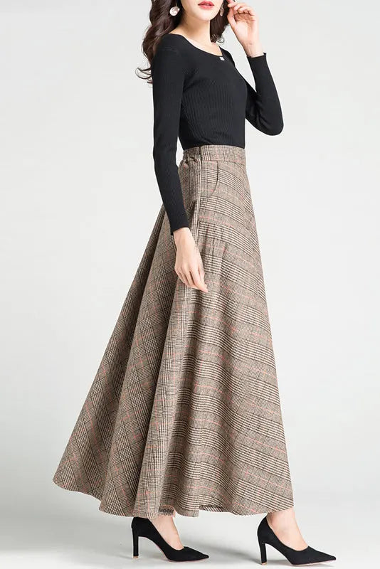 Plaid Wool Maxi Skirt - Swing Silhouette with Belt Loops 3794
