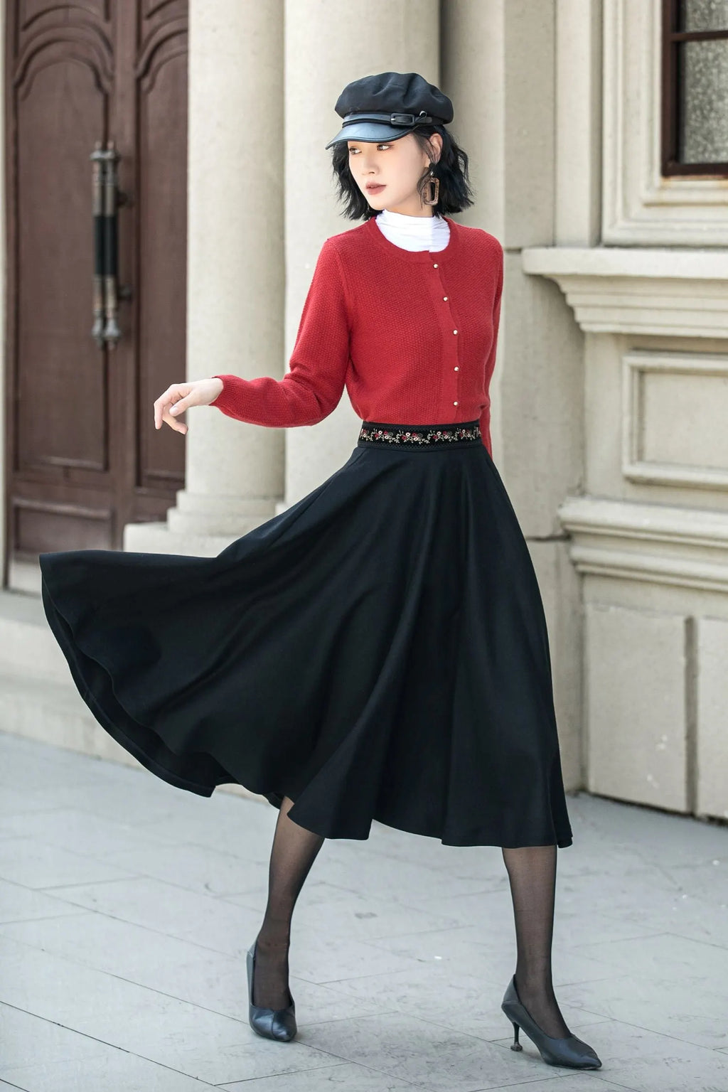 Black Wool Midi Skirt - Embroidered Waist A-Line Circle Skirt 5310