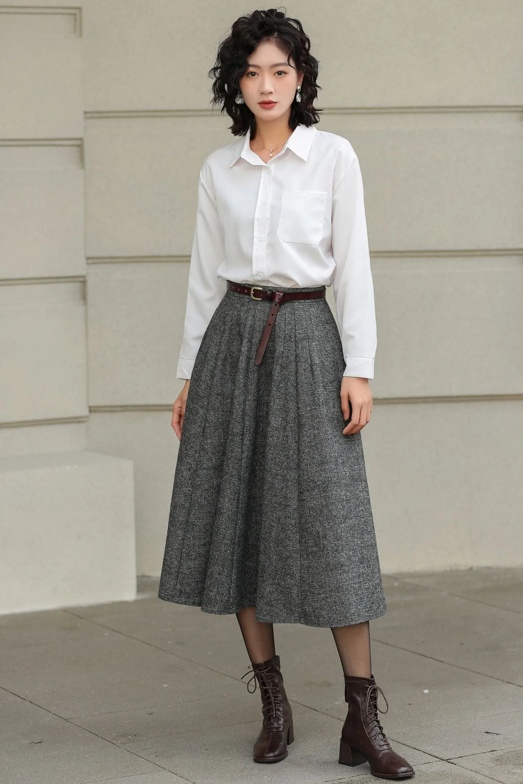 Grey Wool Pleated Midi Skirt - A-Line Silhouette with Pockets 6416