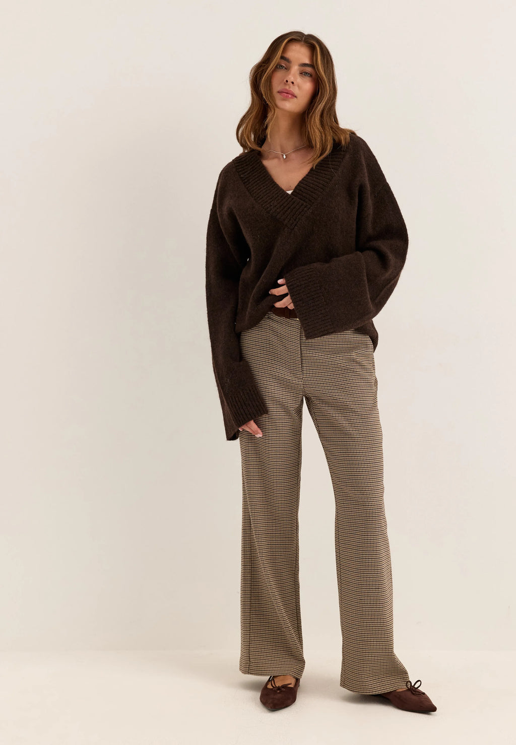Check Mid Waist Wide Trousers
