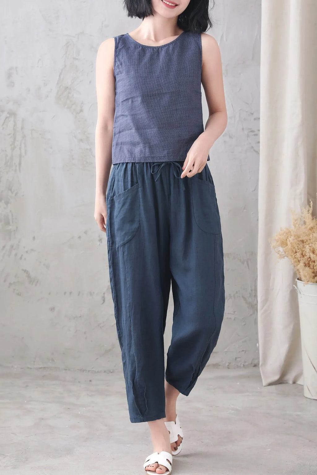 Blue Checked Linen Tank Top - Loose Fit with Scoop Neckline 3338