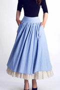 Handmade Blue Linen Cotton Skirt – Vintage Layered A-Line Maxi Skirt with Pockets 