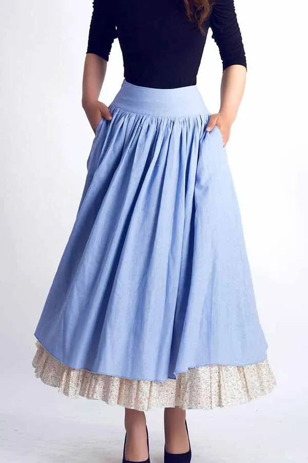 Handmade Blue Linen Cotton Skirt – Vintage Layered A-Line Maxi Skirt with Pockets 
