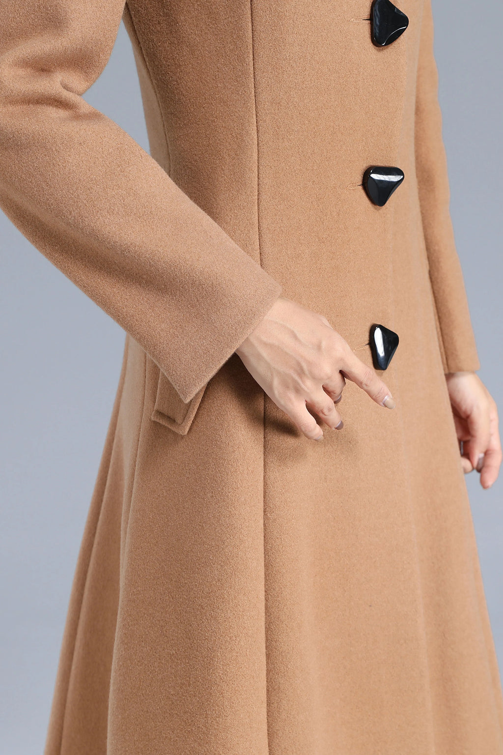 Camel Wool Blend Long Coat - Single Breasted, Stand Collar 3201
