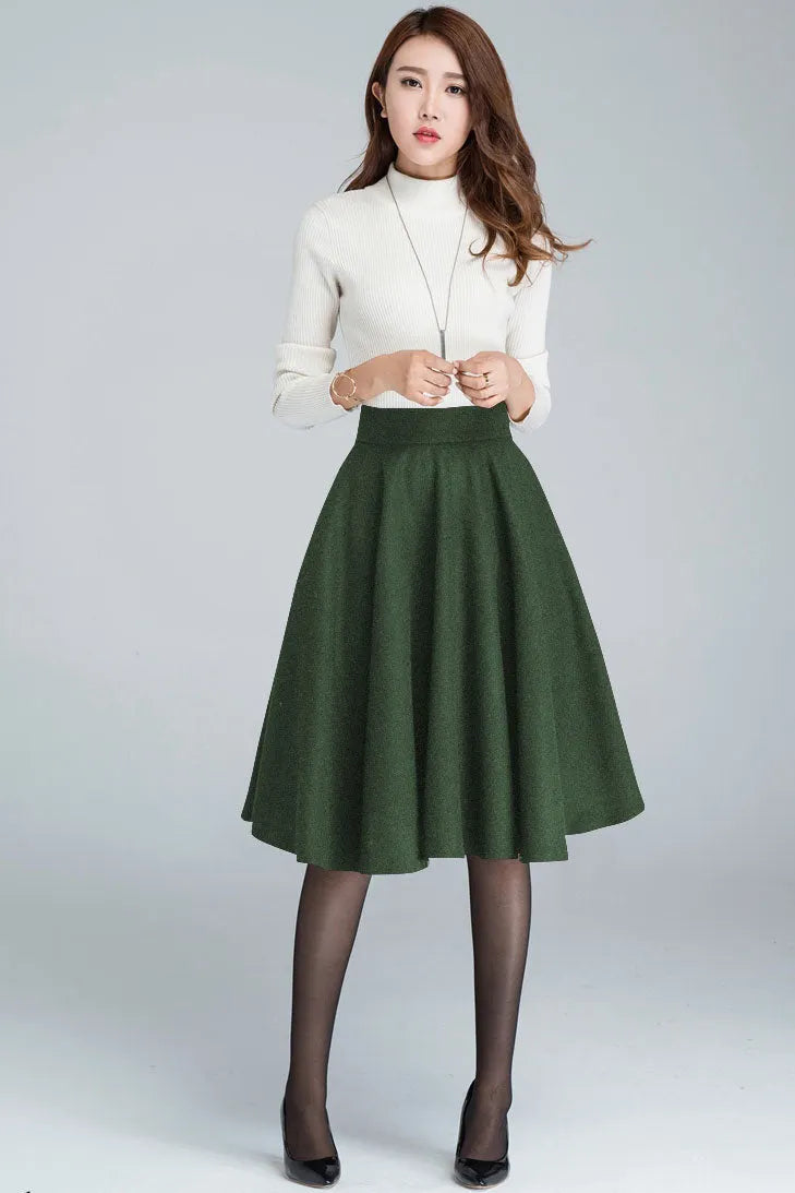 Wool Blend A-Line Skirt – Classic High Waist Midi Skirt with Pockets 1633