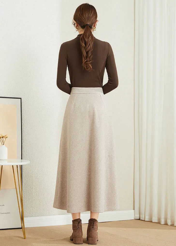 Brown Wool A-Line Midi Skirt - High Waist Winter Essential 3861