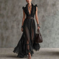 Noir Ruffled Pleated Maxi Dress