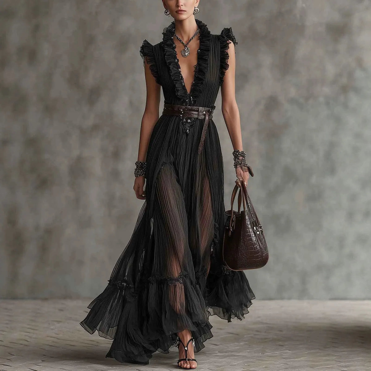 Noir Ruffled Pleated Maxi Dress