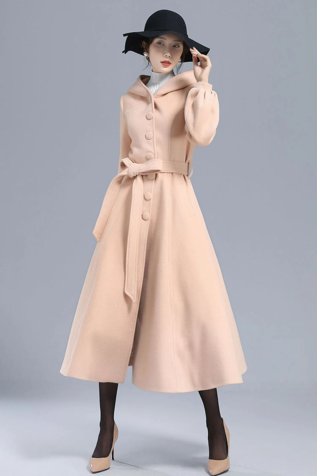 Handmade Wool Hooded Coat – Lantern Sleeve Belted Winter Long Overcoat 