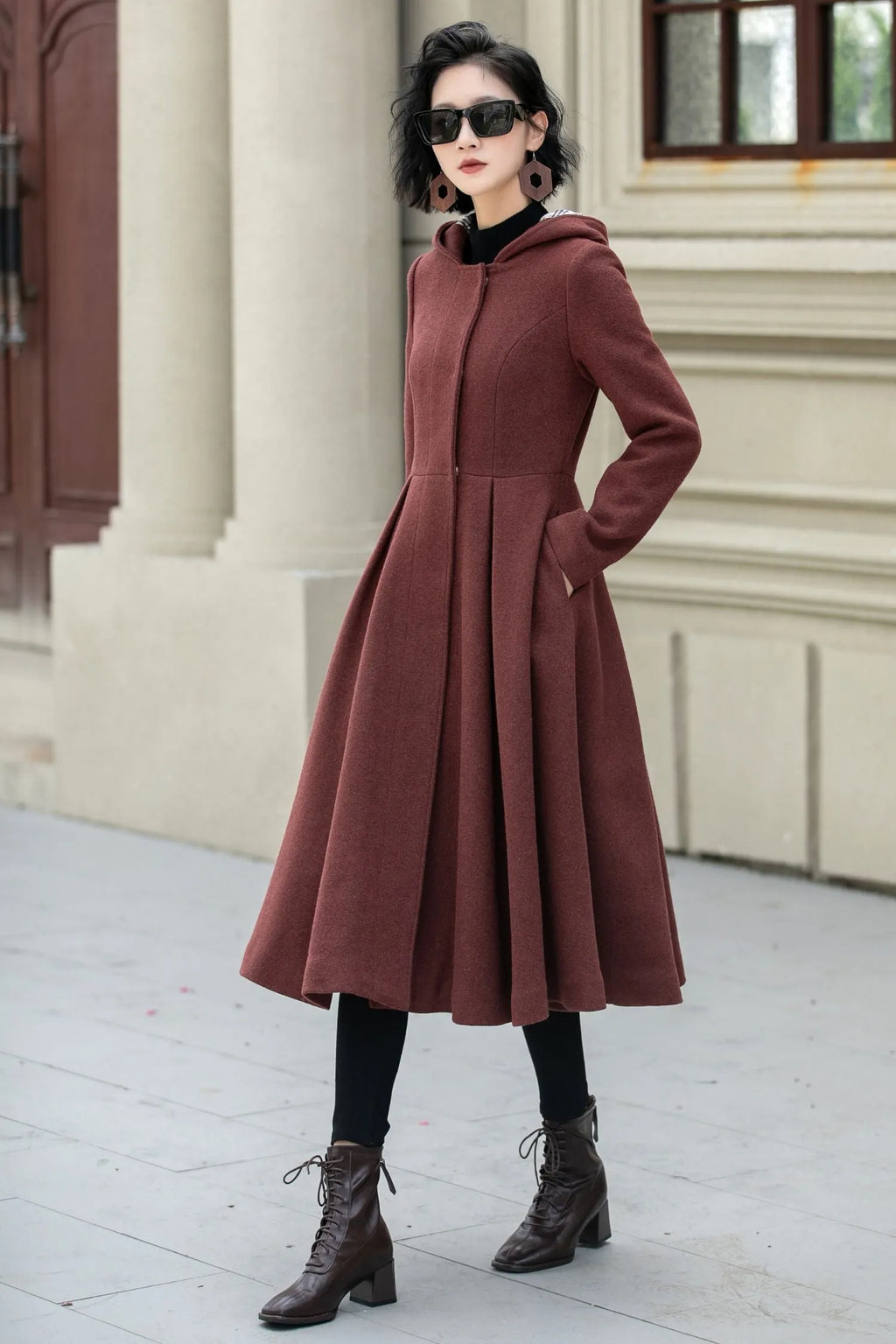 Rust Wool A Line Winter Coat - Hooded Swing Silhouette 5347