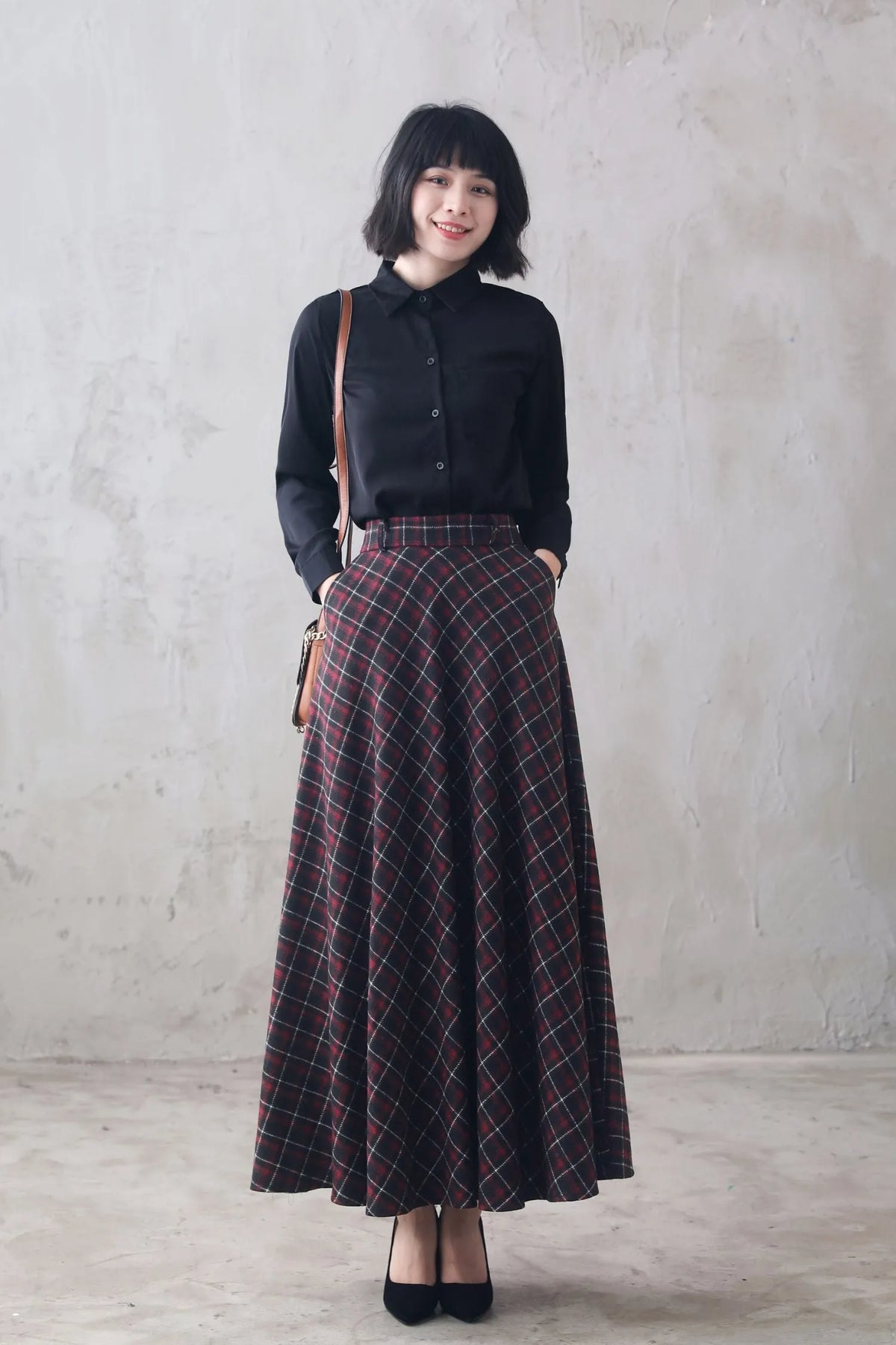 Plaid Wool Maxi Skirt - Vintage British Tartan High Waist Pleated 3100