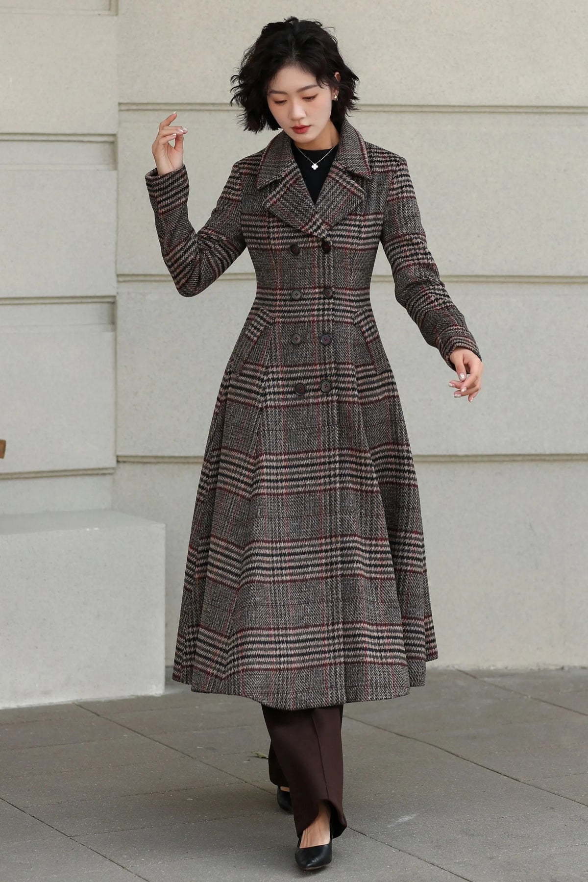 Plaid Wool Coat - Vintage Inspired Fit and Flare Long Double Breasted 6529